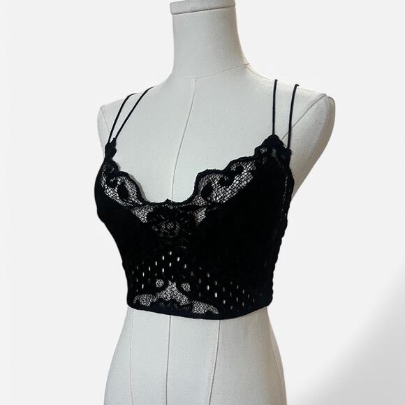 Free People Black Velvet Madonna Sheer Floral Lace Smocked Cropped Bra Top XS - Picture 4 of 8